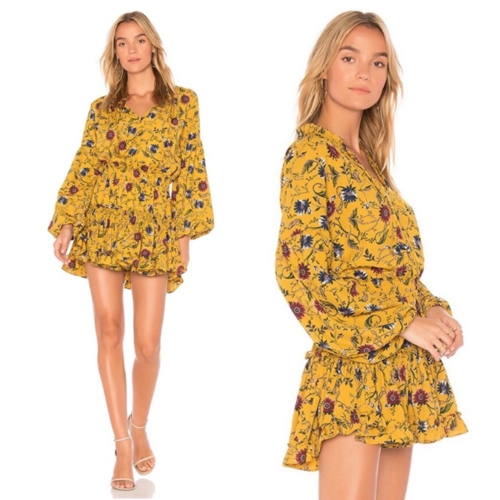 MISA Los Angeles Violet‎ Dress Marigold Yellow Floral Smocked Waist Size XS
